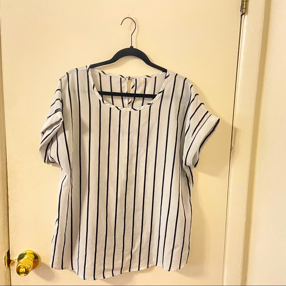 White w/ Black Horizontal Striped Short Sleeve Cuffed Blouse by SHEIN